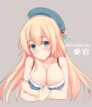 1girl atago_(kantai_collection) blonde_hair blue_eyes blush breasts bust character_name cleavage hat kantai_collection long_hair shuuichi smile solo twitter_username 