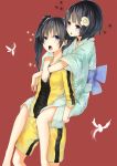  2girls araragi_karen araragi_tsukihi black_eyes black_hair hair_ornament highres japanese_clothes kimono la-na monogatari_(series) multiple_girls nisemonogatari open_mouth piggyback short_hair side_ponytail track_suit yukata 