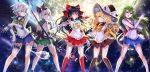  5girls bishoujo_senshi_sailor_moon black_hair blonde_hair bow braid choker cosplay earrings elbow_gloves frog_hair_ornament full_moon gloves green_eyes green_hair hair_bow hair_ornament hair_tubes hairband hakurei_reimu hat highres hitodama izayoi_sakuya jewelry katana kirisame_marisa knife kochiya_sanae konpaku_youmu konpaku_youmu_(ghost) leg_garter long_hair looking_at_viewer magical_girl maid_headdress mini-hakkero moon multiple_girls neko_(yanshoujie) open_mouth red_eyes short_hair silver_hair skirt smile snake_hair_ornament sword touhou twin_braids violet_eyes weapon witch_hat yellow_eyes 