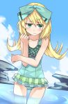  1girl akatoro_(nightlord) atelier_(series) atelier_shallie blonde_hair bow flipped_hair green_eyes hair_bow long_hair miruca_crotze partially_submerged shy sky solo swimsuit water 