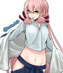  1girl :o akashi_(kantai_collection) blush green_eyes japanese_clothes kantai_collection long_hair navel pink_hair solo spitfire99 twitter_username very_long_hair white_background 