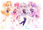  4girls aino_megumi blonde_hair blue_eyes blue_legwear blue_skirt blush boots character_name crown cure_fortune cure_honey cure_lovely cure_princess hair_ornament happinesscharge_precure! heart heart_hair_ornament heart_hands heart_hands_duo highres hikawa_iona long_hair looking_at_viewer magical_girl multiple_girls oomori_yuuko open_mouth pink_eyes pink_hair pink_skirt ponytail precure purple_hair purple_skirt shirayuki_hime skirt smile star thigh-highs thigh_boots twintails uzuki_aki very_long_hair violet_eyes white_background white_legwear yellow_eyes yellow_skirt 