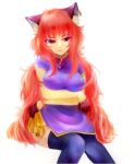  1girl alternate_costume alternate_hair_color alternate_hairstyle animal_ears black_legwear breast_hold breasts cat_ears chen china_dress chinese_clothes dress earrings female gloves highres jewelry large_breasts long_hair looking_at_viewer mochisuni no_hat older pout purple_dress red_eyes redhead short_sleeves simple_background sitting solo thigh-highs touhou very_long_hair white_background 