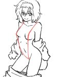  1girl alice_margatroid breasts collarbone hairband looking_at_viewer navel nip_to_chip partially_colored short_hair simple_background sketch sling_bikini smile solo swimsuit touhou undressing white_background 