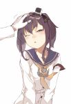  1girl brown_eyes brown_hair duoyuanjun gloves hand_on_another&#039;s_head hat kantai_collection motion_lines neckerchief one_eye_closed open_mouth sailor_collar shirt solo_focus tokitsukaze_(kantai_collection) white_background white_gloves 