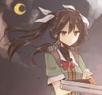  1girl bow brown_eyes brown_hair bust chibirisu crescent_moon crossed_arms hair_ornament kantai_collection long_hair looking_at_viewer machinery moon solo tone_(kantai_collection) twintails 