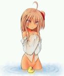  1girl :&lt; ahoge basa_rutan blush brown_hair covering covering_chest floating hands_together long_hair muramasa_(basa_rutan) naked_shirt partially_submerged payot red_eyes ripples rubber_duck shirt side_ponytile simple_background solo tsurime water wet wet_clothes white_background white_shirt 