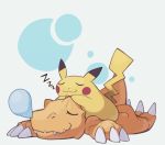  agumon closed_eyes digimon hajime_(hajime-ill-1st) no_humans pikachu pokemon pokemon_(creature) simple_background sleeping zzz 