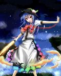  1girl blue_hair bow food fruit hat highres hinanawi_tenshi holding kotou_(ko-tou) long_hair looking_at_viewer night night_sky open_mouth peach red_eyes sky solo sword sword_of_hisou touhou weapon 