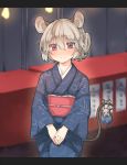  1girl akagashi_hagane alternate_costume alternate_hairstyle animal_ears blush grey_hair hair_pull japanese_clothes kimono long_sleeves looking_at_viewer mouse mouse_ears mouse_tail nazrin obi red_eyes sash short_hair smile solo tail touhou wide_sleeves 