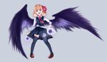  1girl :d black_wings blonde_hair editmydear grey_background hair_ribbon highres open_mouth pleated_skirt ribbon rumia shirt short_hair simple_background skirt smile thigh-highs touhou vest wings 