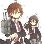  2girls ahoge brown_hair cannon chibirisu hatsushimo_(kantai_collection) kantai_collection long_hair looking_at_viewer low-tied_long_hair machinery multiple_girls necktie pleated_skirt red_eyes school_uniform short_hair skirt turret wakaba_(kantai_collection) white_background 