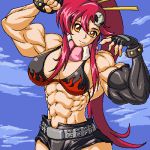  1girl belt bikini_top flexing gloves lowres muscle orange_eyes ponytail pose redhead ren_(tainca2000) scarf short_shorts shorts sky tengen_toppa_gurren_lagann yoko_littner 