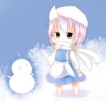  1girl barefoot bikuseno blue_background blue_eyes chibi hat letty_whiterock purple_hair scarf short_hair snowman solo touhou 