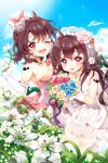  2girls bare_shoulders bouquet breasts brown_hair character_request choker cleavage dress elbow_gloves flower gloves long_hair multiple_girls one_eye_closed pink_eyes short_hair sky smile sword_girls tattoo veil 