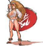  1girl big_hair blonde_hair breasts cleavage fan fundoshi hand_on_hip highres horn hoshiguma_yuugi large_breasts long_hair nameo_(judgemasterkou) oversized_object red_eyes sandals scrunchie solo standing tied_shirt touhou 