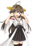  1girl ;d ahoge basa_rotan_(cyan0114) black_legwear brown_hair detached_sleeves double_v hair_bun hair_ornament hairband highres kantai_collection kongou_(kantai_collection) long_hair looking_at_viewer nontraditional_miko one_eye_closed open_mouth pleated_skirt simple_background skirt smile solo thigh-highs v violet_eyes white_background zettai_ryouiki 