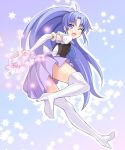  1girl ;d arm_warmers blue_background boots cure_fortune dansa female fortune_tambourine happinesscharge_precure! hikawa_iona long_hair looking_back magical_girl one_eye_closed open_mouth precure purple_hair purple_skirt skirt smile solo star thigh-highs thigh_boots very_long_hair violet_eyes white_legwear 