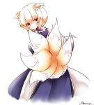  1girl animal_ears blonde_hair blush_stickers dress fox_ears fox_tail highres light_smile looking_at_viewer looking_back multiple_tails scarlet_0915 short_hair solo tabard tail touhou white_dress yakumo_ran yellow_eyes 