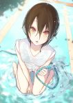 1girl blurry brown_eyes brown_hair depth_of_field highres holding hose la-na looking_at_viewer open_mouth original pool short_hair solo water wet 