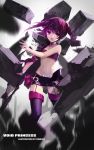  &gt;:o 1girl :o aisha_(elsword) artist_name blurry depth_of_field elsword garter_straps highres looking_at_viewer navel open_mouth purple_hair purple_legwear skirt solo stone swd3e2 twintails violet_eyes 
