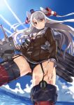  1girl amatsukaze_(kantai_collection) black_panties brown_eyes choker garter_straps kantai_collection long_hair looking_at_viewer o_o ocean panties rensouhou-kun school_uniform serafuku silver_hair thigh-highs tsuuhan underwear 