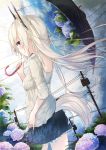  1girl absurdres animal_ears aqua_eyes casual hand_on_hip highres holding la-na long_hair looking_at_viewer original silver_hair smile solo tail umbrella wind wolf_ears wolf_tail 