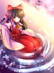  1girl ascot bow brown_hair cherry_blossoms detached_sleeves frown geta gradient gradient_background hair_bow hair_tubes hakurei_reimu in_water long_hair looking_at_viewer partially_submerged payot petals ponytail red_eyes ripples rocaizy sarashi sitting skirt skirt_set solo touhou tree_branch 