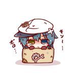 1girl :/ blush box chibi crying green_hair hat heterochromia in_box in_container kantai_collection kiso_(kantai_collection) looking_at_viewer ritateo short_hair solo translation_request 