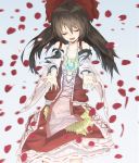  1girl adapted_costume alternate_costume blurry bow brown_hair closed_eyes crescent depth_of_field hair_bow hair_ornament hair_ribbon hair_tubes hakurei_reimu highres jewelry la-na long_hair looking_at_viewer open_mouth pendant petals reaching ribbon smile solo touhou 