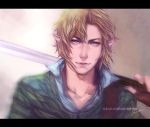  1boy blonde_hair blue_eyes link male pointy_ears realistic signature solo sword teralilac the_legend_of_zelda watermark weapon web_address 