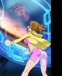  ass brown_hair gundam_build_fighters_try highres hoshino_fumina jacket makacoon spandex sports_bra 