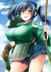  1girl archery arrow blouse blue_eyes blue_hair blue_sky bow_(weapon) breasts clouds flight_deck hairband headband japanese_clothes kantai_collection kyuudou ocean open_mouth quiver radio_antenna ray83222 short_hair single_glove skirt sky solo souryuu_(kantai_collection) twintails weapon 