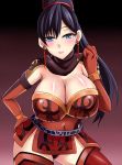  1girl black_hair blue_eyes breasts cleavage elbow_gloves gloves high_ponytail large_breasts lian_shi light_smile long_hair looking_at_viewer glasses_man sangoku_musou shin_sangoku_musou_6 smile solo 