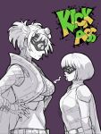  2girls :t breast_envy breasts cape dracul goggles goggles_on_head height_difference highres hit-girl kick-ass large_breasts mask mindy_macready monochrome multiple_girls night-bitch pout short_hair short_twintails small_breasts superhero twintails 