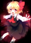  1girl ascot blonde_hair blush bow darkness fang hair_bow hair_ornament long_sleeves open_mouth outstretched_arms paragasu_(parags112) red_eyes rumia shirt short_hair skirt skirt_set smile socks solo touhou vest white_legwear 