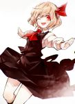  1girl black_legwear blonde_hair bow hair_bow hair_ornament kneehighs kozou_(soumuden) long_sleeves looking_at_viewer one_eye_closed open_mouth outstretched_arms red_eyes rumia shirt short_hair simple_background skirt skirt_set smile solo touhou vest white_background 
