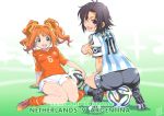  2014_fifa_world_cup 2girls antenna_hair argentina armband ass ball black_hair black_legwear blush brazuca cleats clothes_writing dated dutch_flag from_behind green_eyes highres idolmaster inoue_sora kikuchi_makoto kneehighs long_hair looking_at_viewer looking_back multiple_girls netherlands open_mouth orange_hair pantylines revision ribbed_legwear short_hair shorts signature sitting_on_object smile soccer soccer_ball soccer_uniform socks sportswear squatting takatsuki_yayoi twintails violet_eyes world_cup wristband 