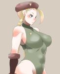  1girl abs ahoge beret blonde_hair blue_eyes braid breasts cammy_white gloves halterneck hat huge_ahoge large_breasts leotard ryu3224 skin_tight solo street_fighter twin_braids 