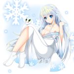  1girl blue_eyes blue_hair breasts cleavage crossed_legs gradient_clothes hasu_(velicia) highres japanese_clothes kimono long_hair makeup obi off_shoulder original parted_lips rabbit sash sitting snow snowflakes solo traditional_clothes veil white_clothes wide_sleeves yuki_onna 