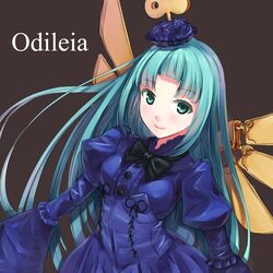  1girl aqua_hair atelier_(series) atelier_ayesha blue_dress bow brown_background character_name corset dress green_eyes hat highres long_hair nanjyolno odelia_(atelier_ayesha) ribbon smile solo winding_key wings 