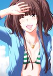  1girl alternate_hairstyle amagami bikini bikini_top brown_hair grey_eyes heart heart_necklace kamizaki_risa long_hair one_eye_closed open_mouth shouji_2 smile solo striped striped_bikini striped_swimsuit swimsuit twintails 