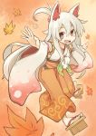  1girl animal_ears autumn blush_stickers detached_sleeves flat_chest fox_ears fox_mask geta hair_between_eyes hair_bobbles hair_ornament hakama ichi_hachi_rei_rei japanese_clothes kimono leaf long_hair looking_at_viewer maple_leaf mask open_mouth orange_background original outstretched_arms red_eyes rope short_ponytail smile solo spread_arms very_long_hair white_hair 