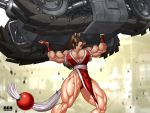  1girl breasts brown_eyes brown_hair cleavage fingerless_gloves gauntlets gloves king_of_fighters lifting metal_slug military military_vehicle muscle ponytail ren_(tainca2000) revealing_clothes ribbon sash shiranui_mai tank vehicle 