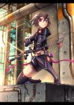  1girl black_hair bow_(weapon) gauntlets gia highres midriff original short_hair shorts solo thigh-highs violet_eyes weapon 