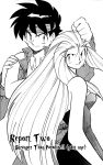  1boy 1girl bare_shoulders dress earrings ghost_sweeper_mikami headband highres jewelry long_hair looking_at_viewer mikami_reiko monochrome shiina_takashi short_dress short_hair simple_background yokoshima_tadao 