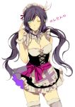  1girl breasts cleavage cleavage_cutout feathers green_eyes hair_feathers long_hair love_live!_school_idol_project maid maid_headdress moi_(kun) one_eye_closed purple_hair smile solo toujou_nozomi twintails 