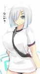  1girl blue_eyes breasts gloves gym_uniform hair_ornament hairclip hamakaze_(kantai_collection) kantai_collection large_breasts school_uniform shiki_(psychedelic_g2) short_hair silver_hair solo strap_cleavage sweatdrop white_gloves 