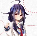  1girl ahoge bust highres jewelry kantai_collection kappougi long_hair looking_at_viewer magatama neckerchief necklace purple_hair red_eyes sailor_collar smile solo taigei_(kantai_collection) twintails twitter_username yamikuroneko 