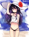  1girl akatsuki_(kantai_collection) bikini black_bikini flower hat hibiscus holding holding_hat kantai_collection long_hair navel purple_hair see-through smile solo spitfire99 sun_hat swimsuit violet_eyes 